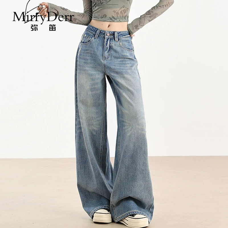 MirryDerr/弥笛复古阔腿牛仔裤女2025秋季新款美式水洗宽松拖地裤