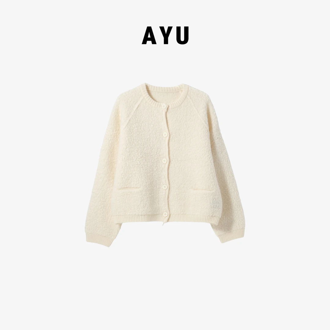 阿玉家&精美排扣圆领长袖针织毛衣外套气质肩线羊毛衫#58565女款