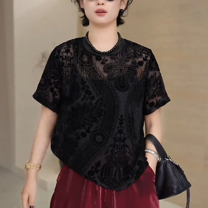 2025夏季新款时尚显瘦黑色蕾丝女士短袖T恤减龄提花薄款别致上衣