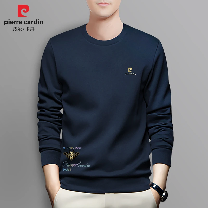 皮尔卡丹春秋新款大码卫衣男士商务休闲品牌圆领蓝色宽松款P80291