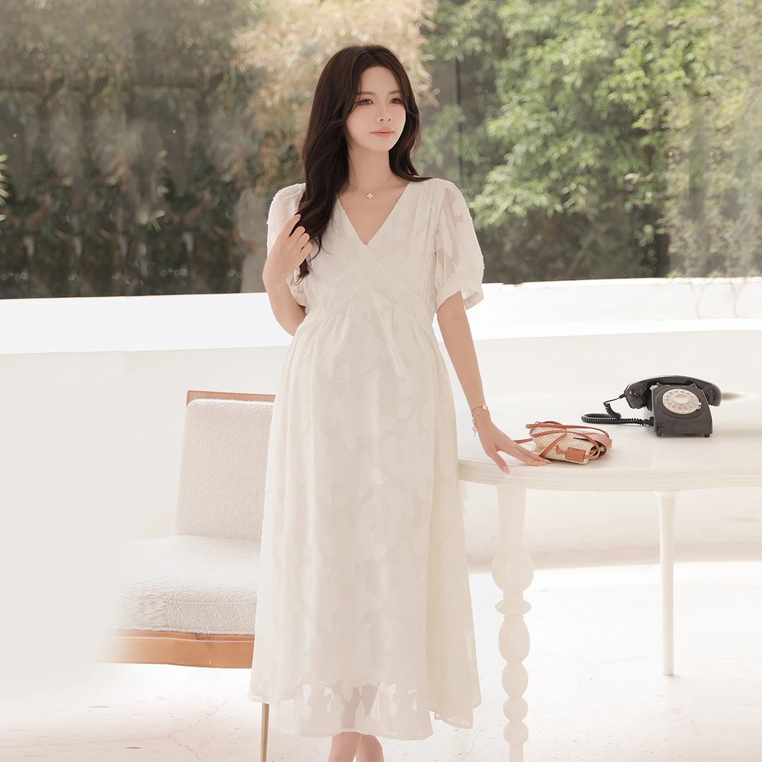 孕妇夏款立体花花雪纺短袖连衣裙57244