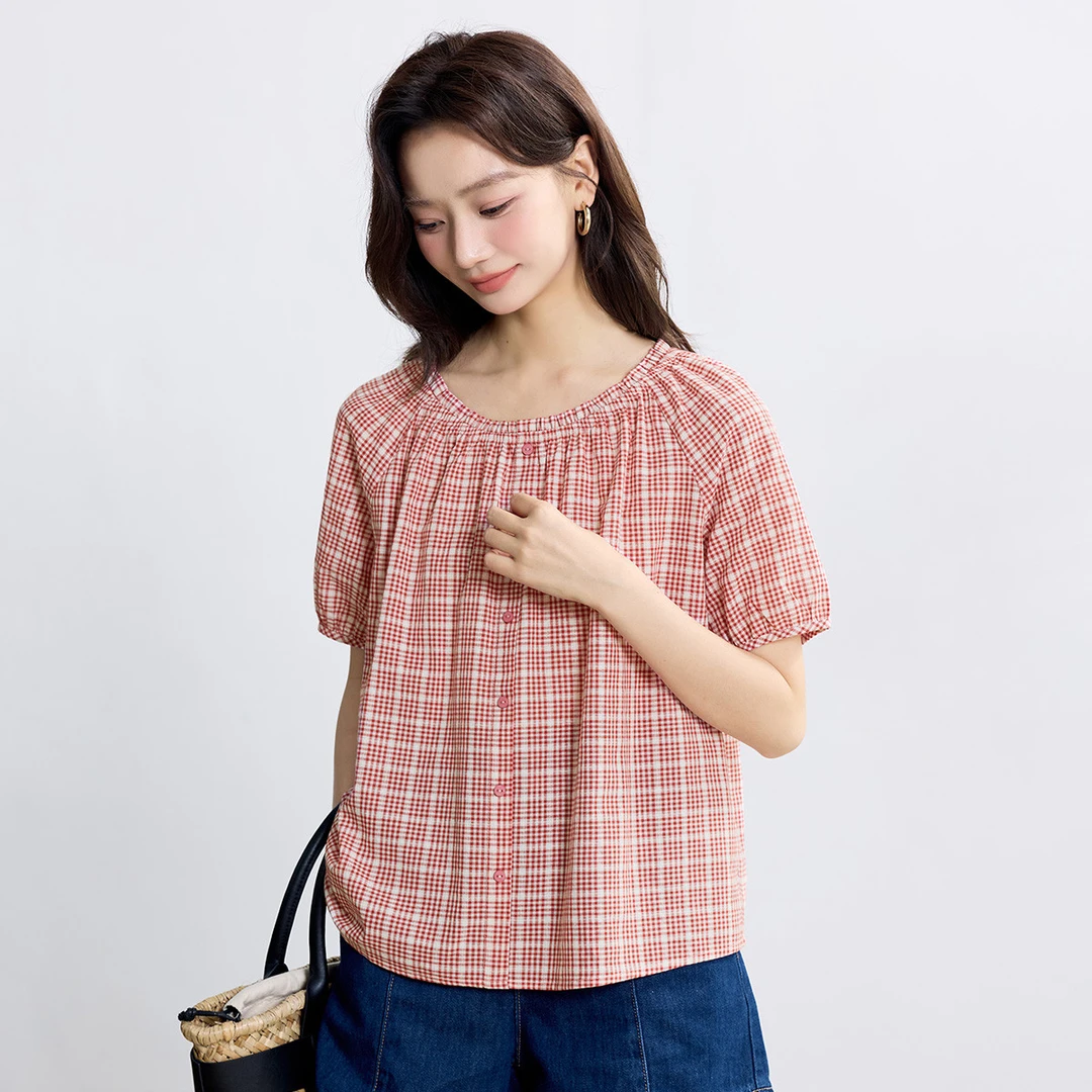 文艺复古短袖格纹衬衫女2025夏季时尚气质百搭套头薄款衬衣