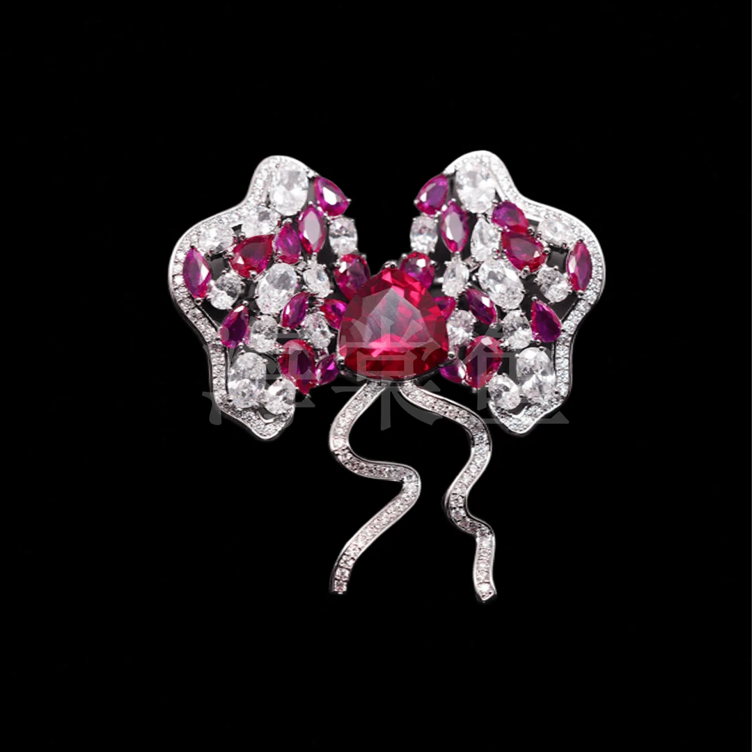 铜合金合成锆石胸针 时尚气质百搭玫红蝴蝶结胸针5274