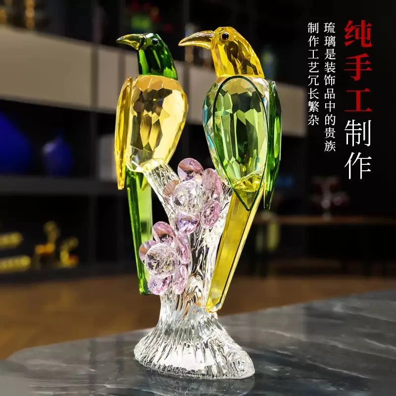 轻奢高档水晶鹦鹉双鸟喜鹊人工打造水晶摆件