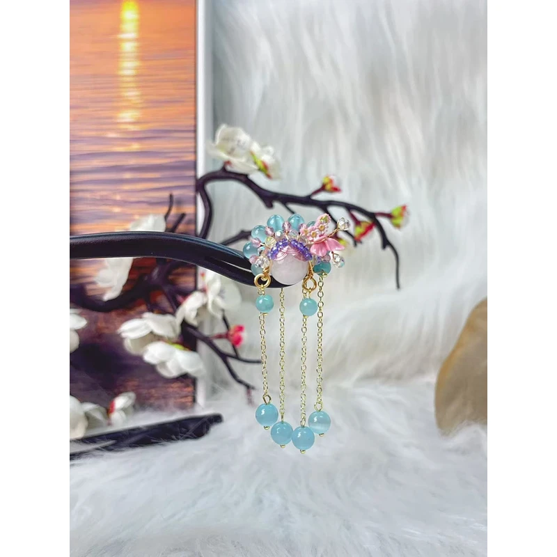 炑歌K417原创蓝色刀马旦流苏百搭款15公分发簪