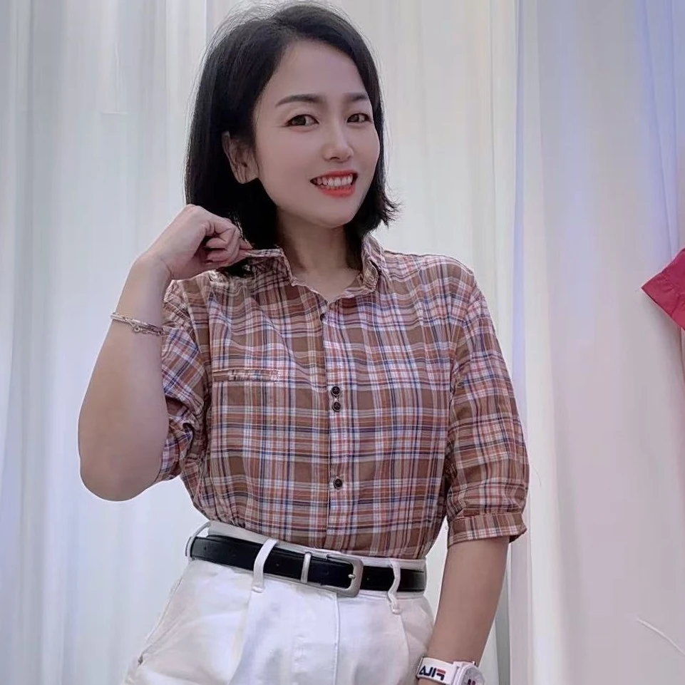 Y2388新款复古格子女衬衫短袖设计感时尚百搭小众宽松上衣