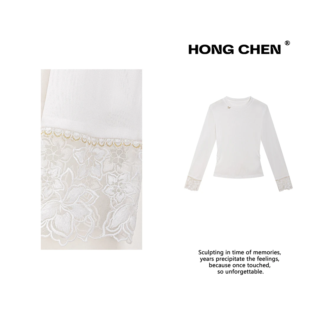 【虹辰·瘦瘦T】高端时尚蝴蝶扣修身显瘦高级感圆领蕾丝长袖T-HC2857