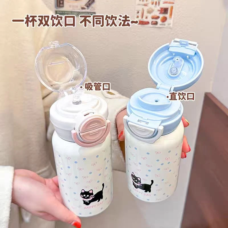 卡通小猫保温杯可爱颜值女生吸管杯高颜值不锈钢保温杯女生水杯