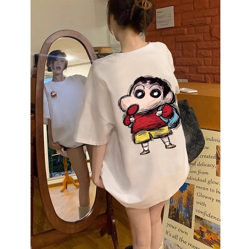 夏季新款美式复古学院风纯色蜡笔小新印花纯棉短袖T恤宽松上衣