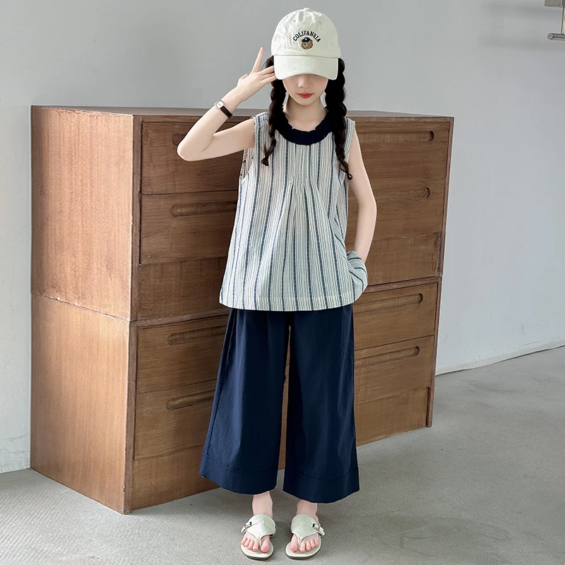 女童夏装套装2025新款韩系中大童无袖木耳边条纹上衣九分裤两件套