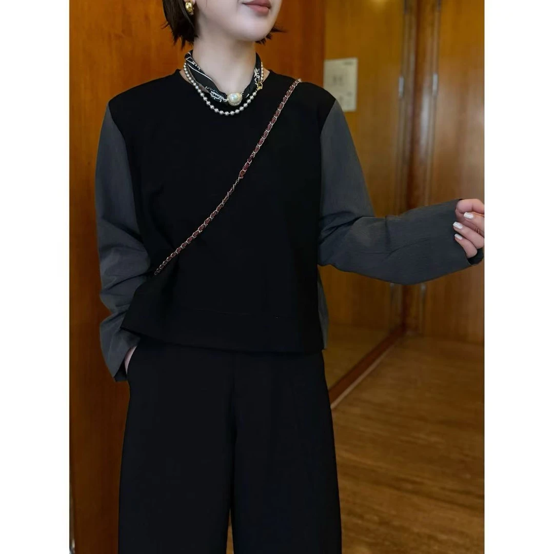 方和屿.不对称拼接直筒型百搭长袖T恤圆领韩版套头女款11223