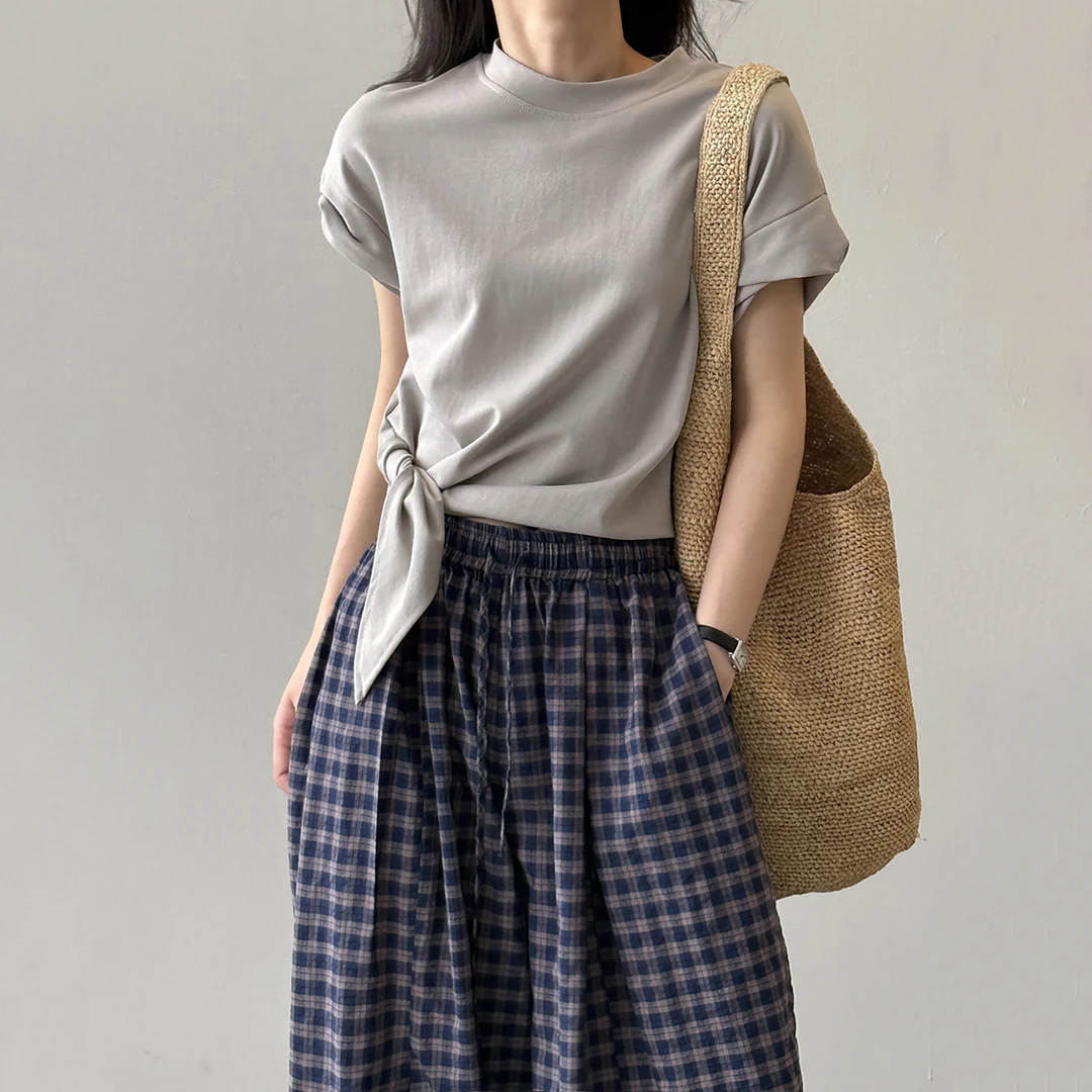 设计感绑带短袖T恤女款夏季2025新款爆款收腰圆领ins风别致上衣女