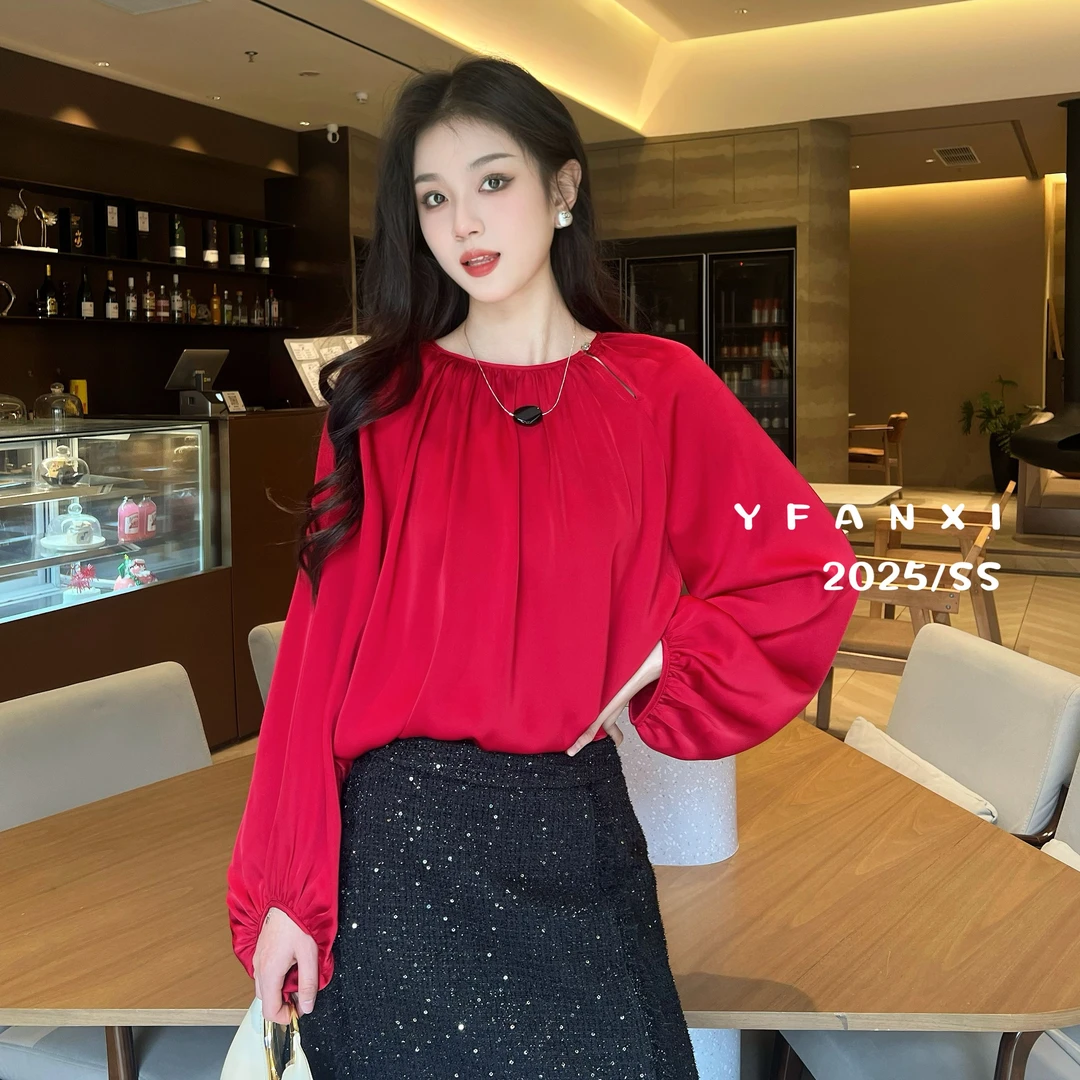 KIKI严选：82300-YFX家欧洲站南油夏季圆领褶皱镂空灯笼袖衬衫