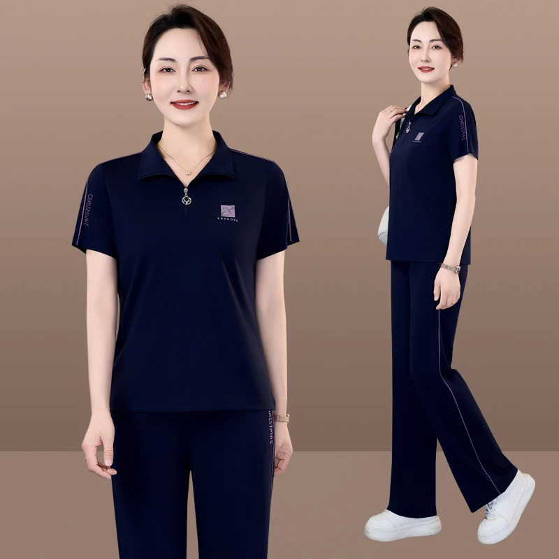 恩狐夏季运动套装女2025新款洋气妈妈减龄显瘦时尚短袖长裤两件套