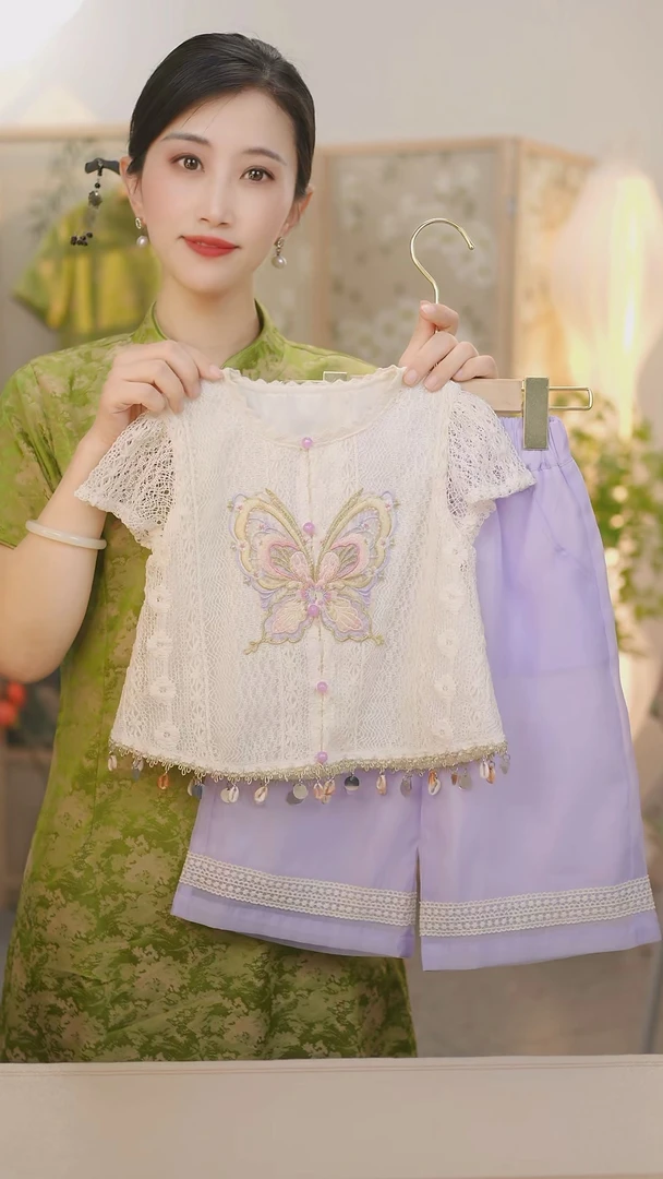 现货【蝶舞】SC231女童夏季名族风蝴蝶刺绣脚口花边阔腿裤国风套装