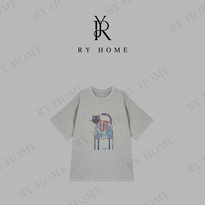 【容雨RYHOME】100%棉重磅趣味涂鸦猫咪印花短袖T恤252T2117