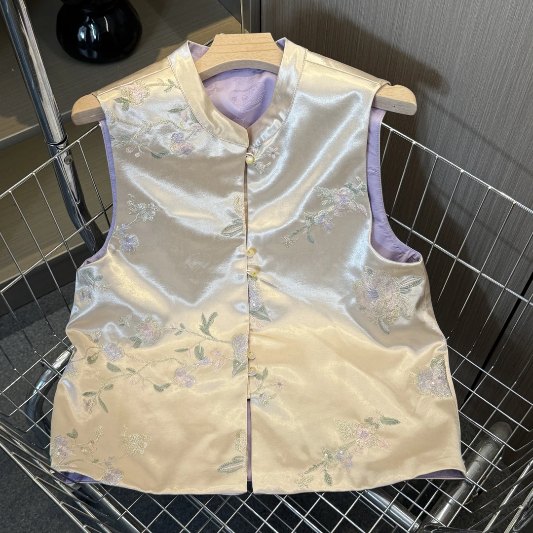 【栀韵】2025新款新中式马甲女式宽松绣花双面双穿秋季薄款上衣马夹