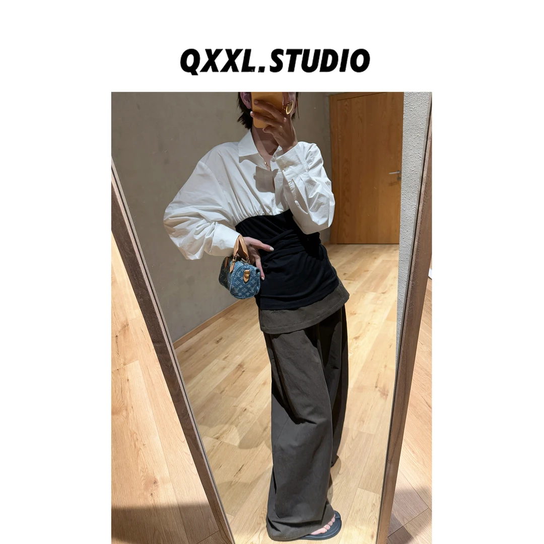 邱小小丽呀 早秋韩系假两件拼接衬衫女时尚百搭显瘦长袖V领上衣