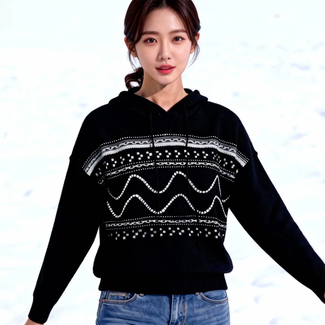 【100% 山羊绒】秋冬抽绳连帽烫钻提花针织衫女羊绒上衣 CTM0002