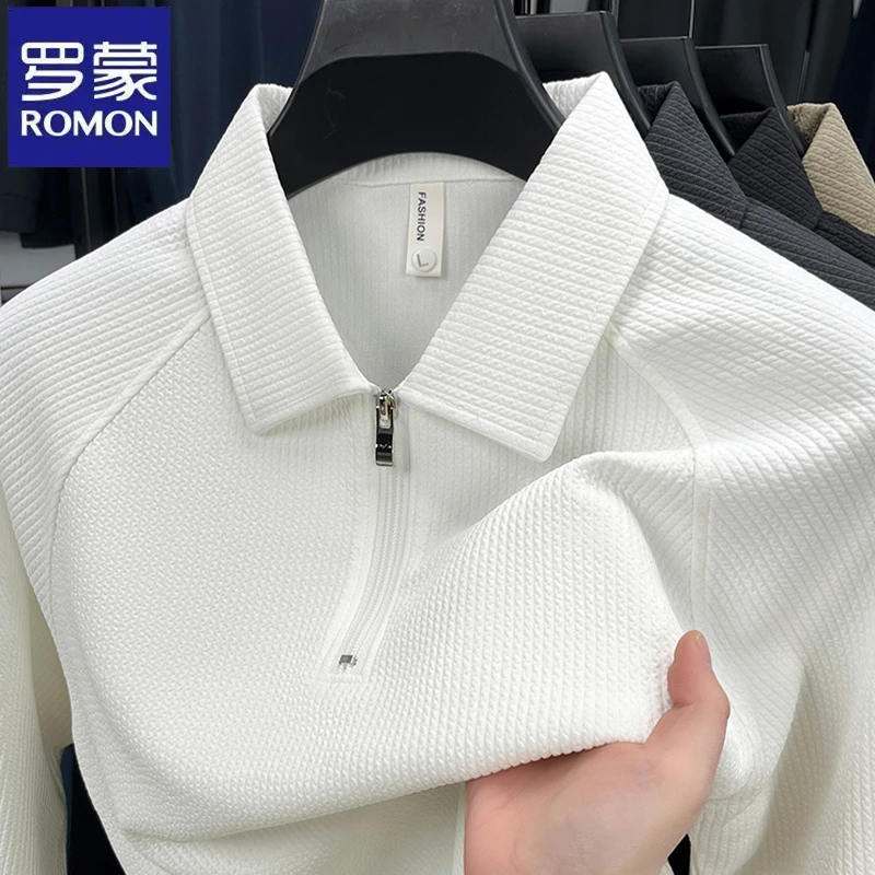 罗蒙时尚拉链翻领长袖Polo衫春秋季中青年纯色休闲商务男士T恤衫