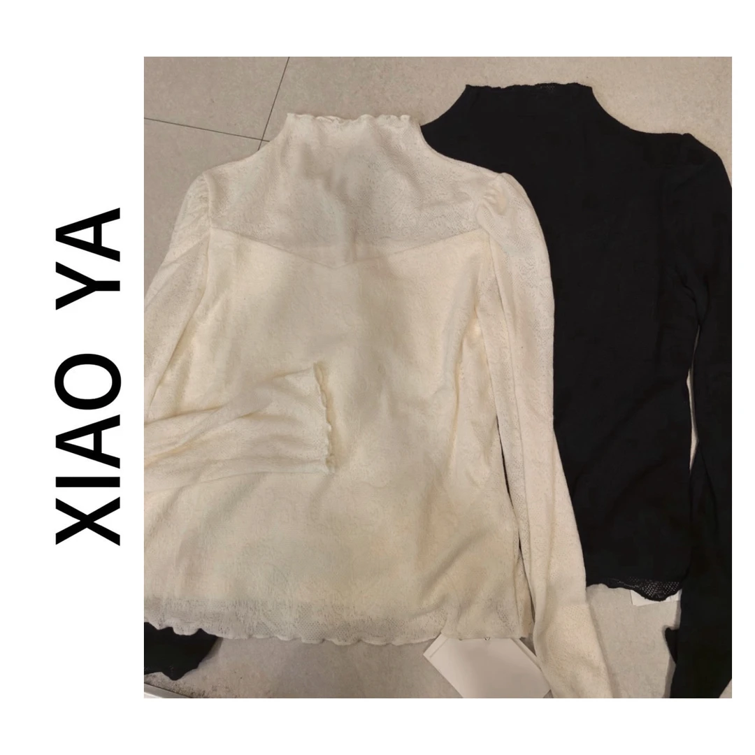 9730秋季新款时尚简约半高领镂空木耳边打底百搭上衣