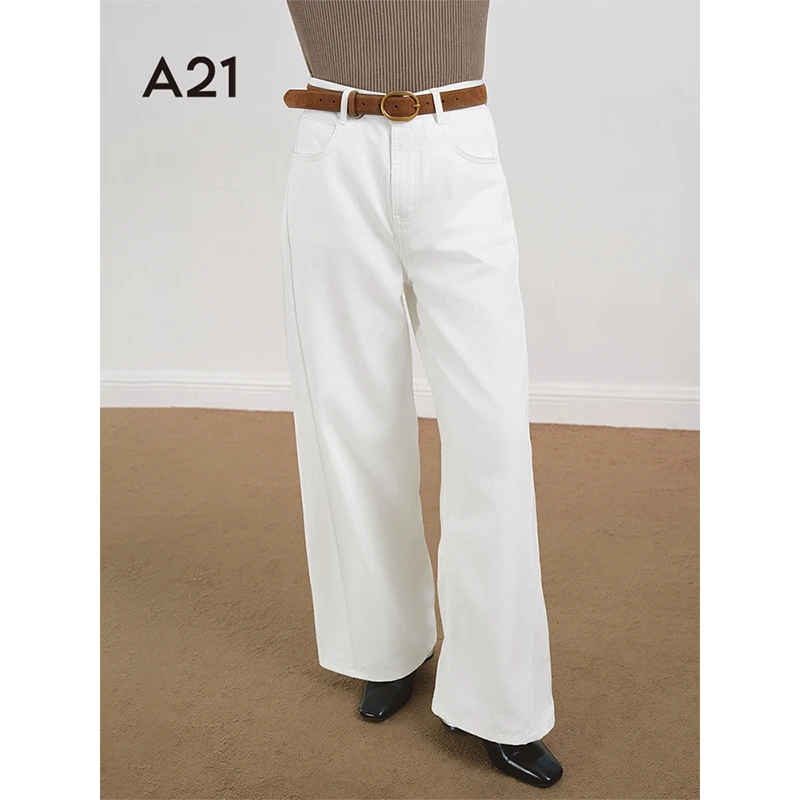 A21女装白色高腰牛仔长裤休闲百搭直筒阔腿裤F451226007