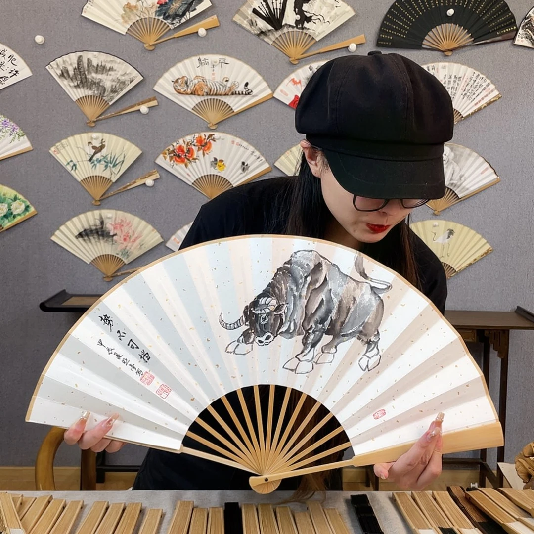 国画10寸玉竹-纯手绘-文玩扇骨（默认粘好）