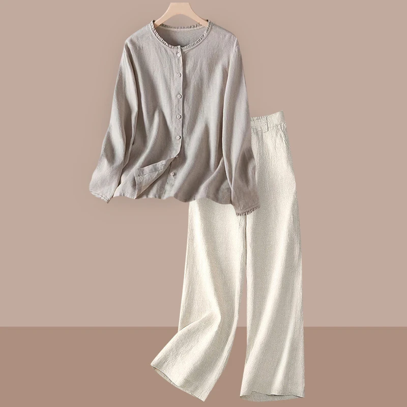 大码女士秋装妈妈高端洋气时尚套装复古文艺亚麻衬衫阔腿裤两件套