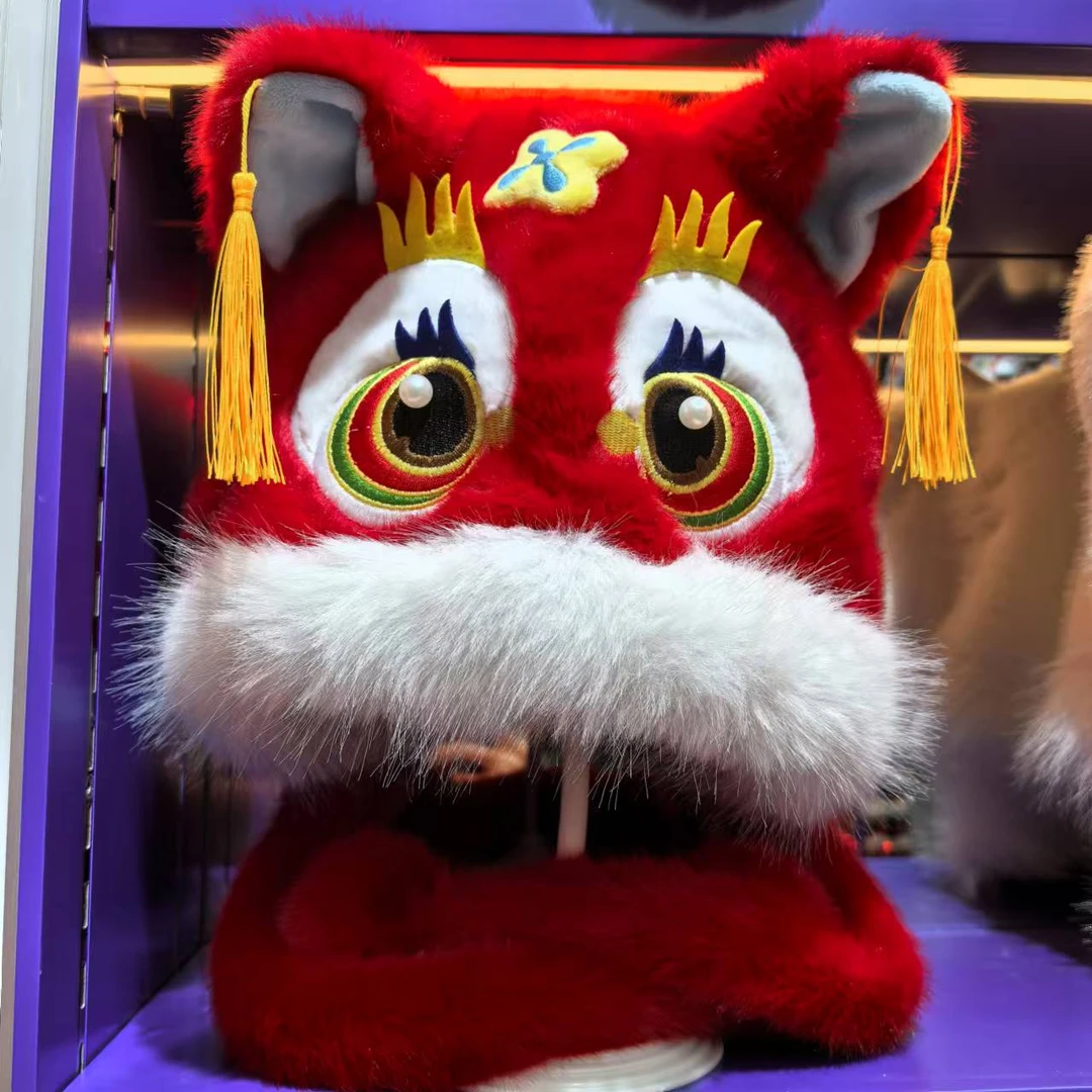 国潮醒狮拜年帽子猫头红色保暖冬季加厚加绒毛绒帽百搭头套中国风