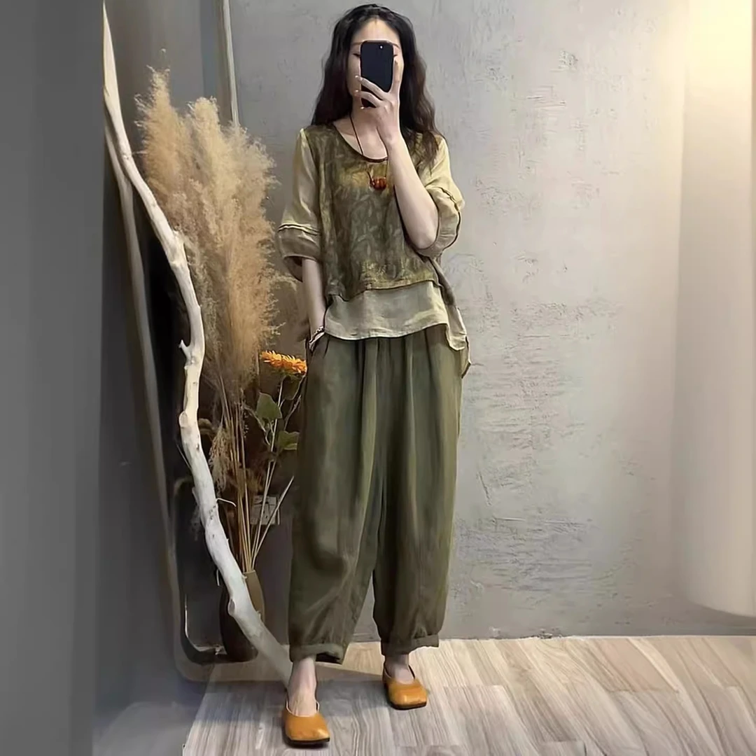 时尚棉麻套装女夏季新款宽松显瘦印花拼接假两件上衣哈伦裤两件套