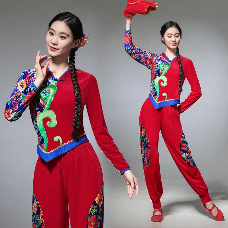 秋冬金丝绒广场舞服装新款套装古典民族风秧歌舞演出服灯笼裤印花