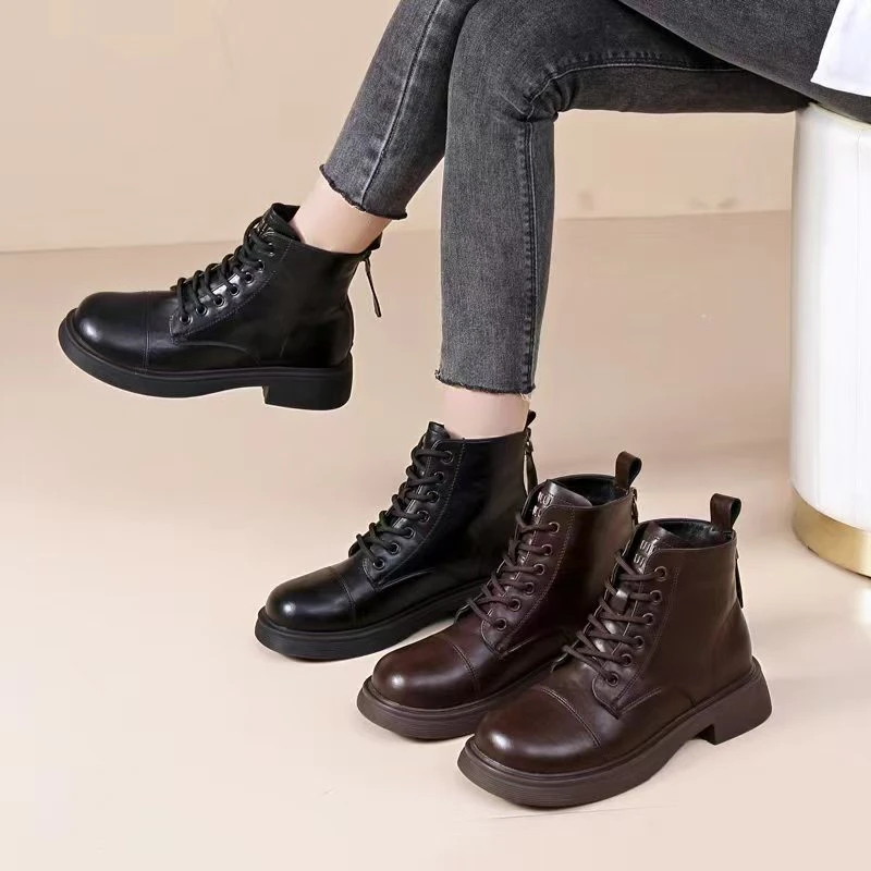 秋冬女加绒女士系带后拉链时尚休闲厚底百搭真皮马丁靴