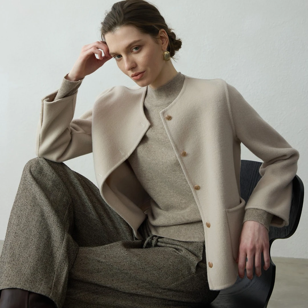 100%全羊毛轻奢小香风双面呢大衣女秋冬季休闲毛呢外套