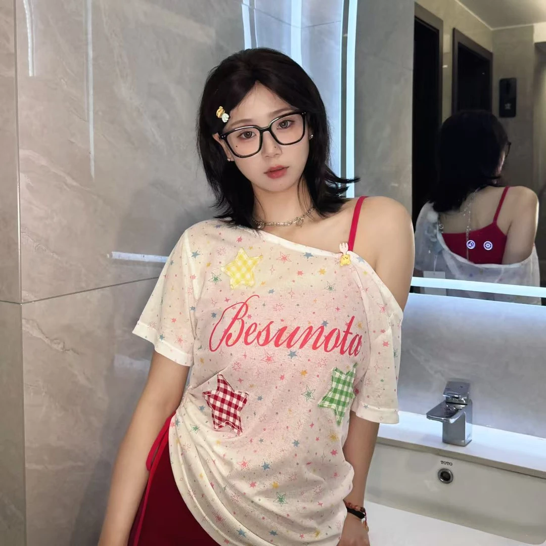 多巴胺星星贴布斜肩短袖t恤女夏季美式甜辣妹短款吊带背心两件套