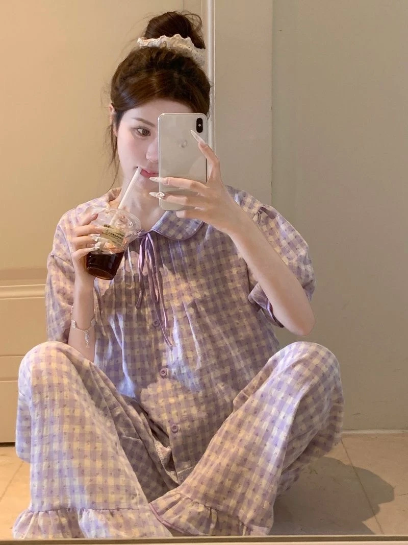 少女甜美可爱紫色格子娃娃领睡衣女夏季新款宫廷风短袖长裤家居服