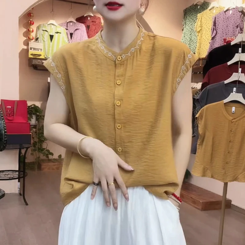 2025年法式时尚无袖袖衬衫女2025年夏季新款洋气时髦百搭黄色上衣