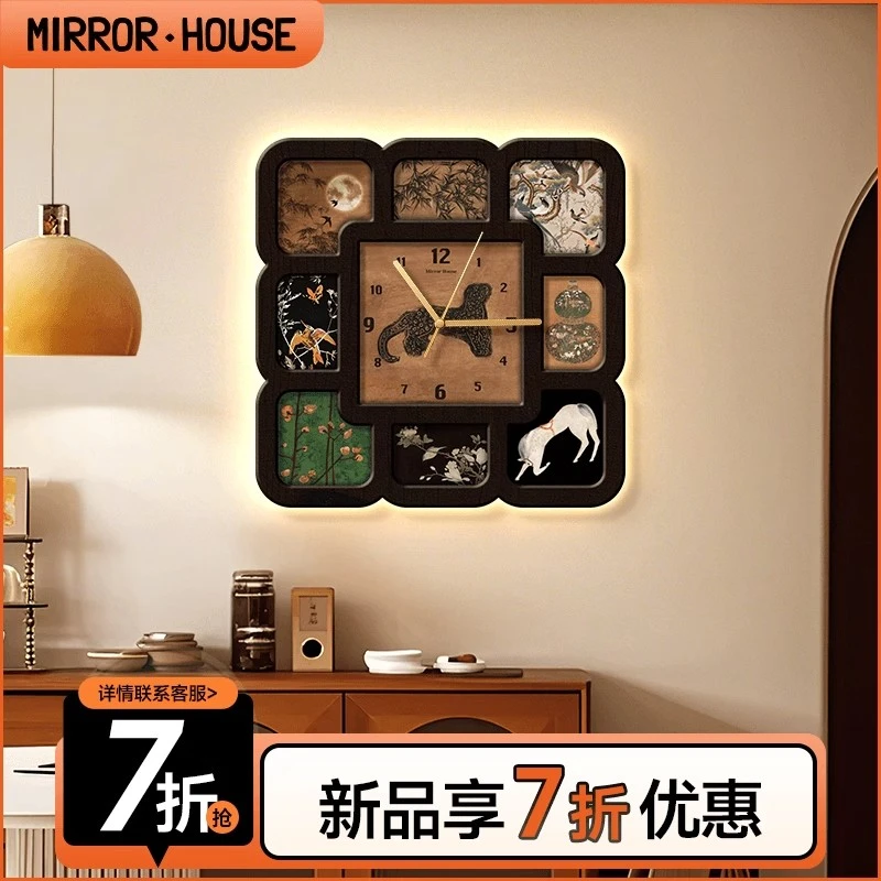 中古风餐厅装饰画钟表高级法式复古客厅时钟金钱豹挂钟背景墙739