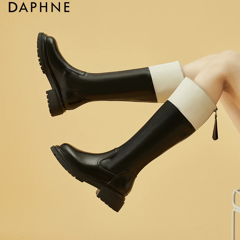 Daphne/达芙妮时尚拼接瘦瘦靴女粗跟厚底长靴不过膝骑士靴马丁靴