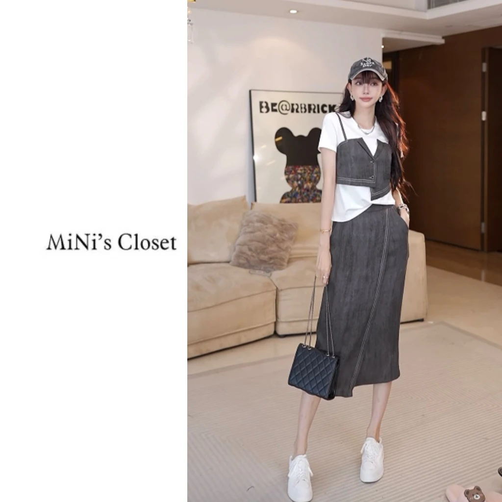 【邂逅巴黎】法式假两件上衣淡人套装夏季轻熟风休闲套装女JE2267