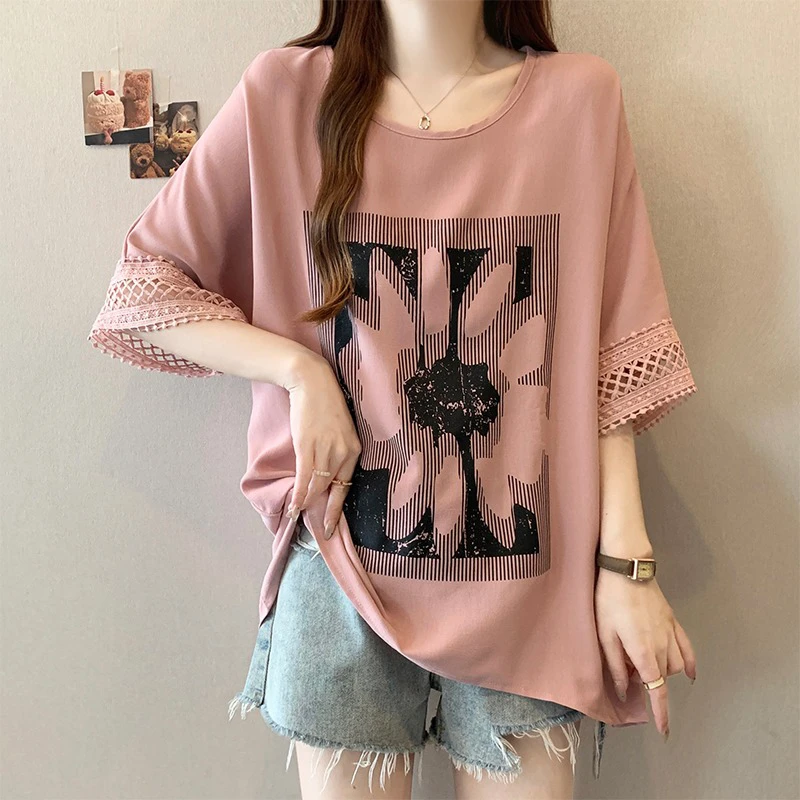 慵懒风卡通印花雪纺衫女夏季大码胖mm宽松遮肚子显瘦短袖t恤上衣