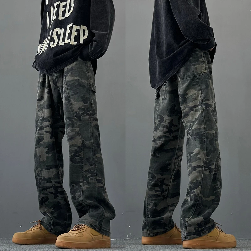 迷彩伐木牛裤男款夏季痞帅斜切美式复古休闲直筒宽松显瘦工装长裤