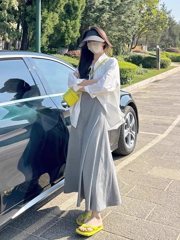 韩系穿搭一整套时尚2025夏季女微胖显瘦茶系套装衬衫吊带连衣裙子