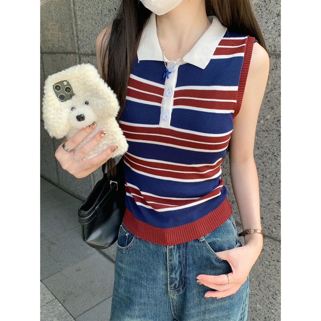 撞色翻领条纹针织T恤女夏季新款时尚减龄小个子显瘦无袖背心上衣