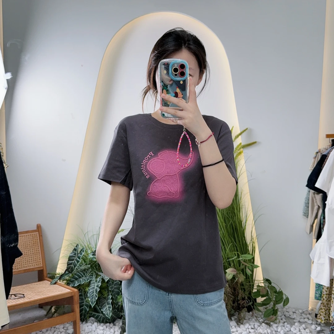 圆领短袖黑色印花短款T恤夏季打底时尚小众上衣