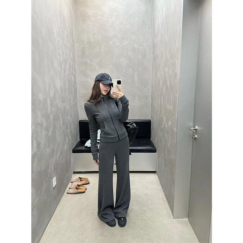 套装秋冬松弛感休闲百搭洋气小众长袖拉链上衣高腰宽松阔腿裤长裤