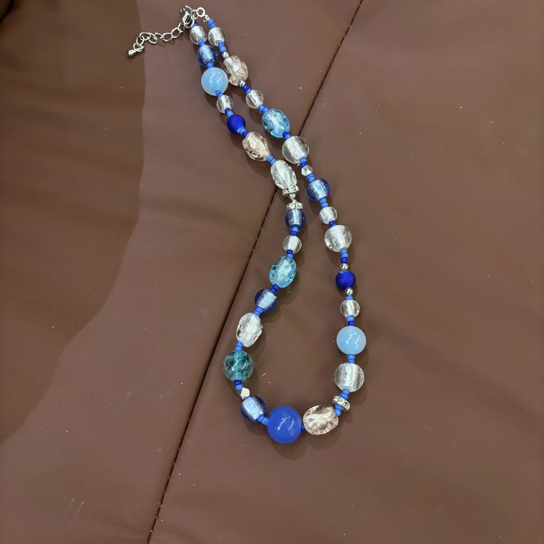 合金项链 XB317 白色蓝色粉色扭扭蓝色搅料银箔琉璃项链