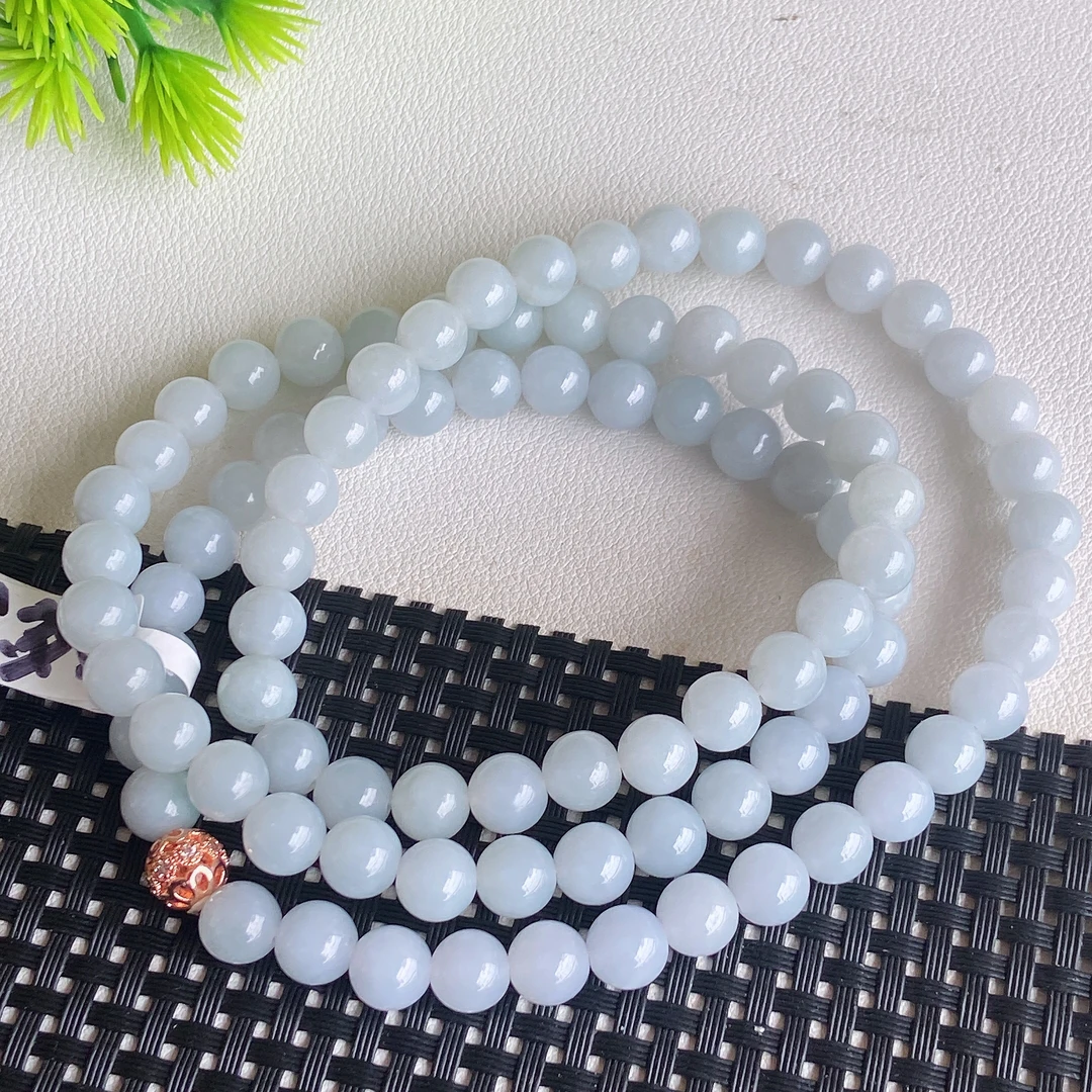 天然翡翠A货冰润淡紫藕粉圆珠项链珠链卡7.8mm缅甸玉石珠子清新