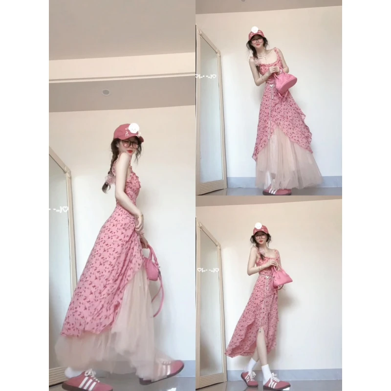 法式度假风碎花吊带连衣裙女设计感小众荷叶边气质收腰长裙两件套