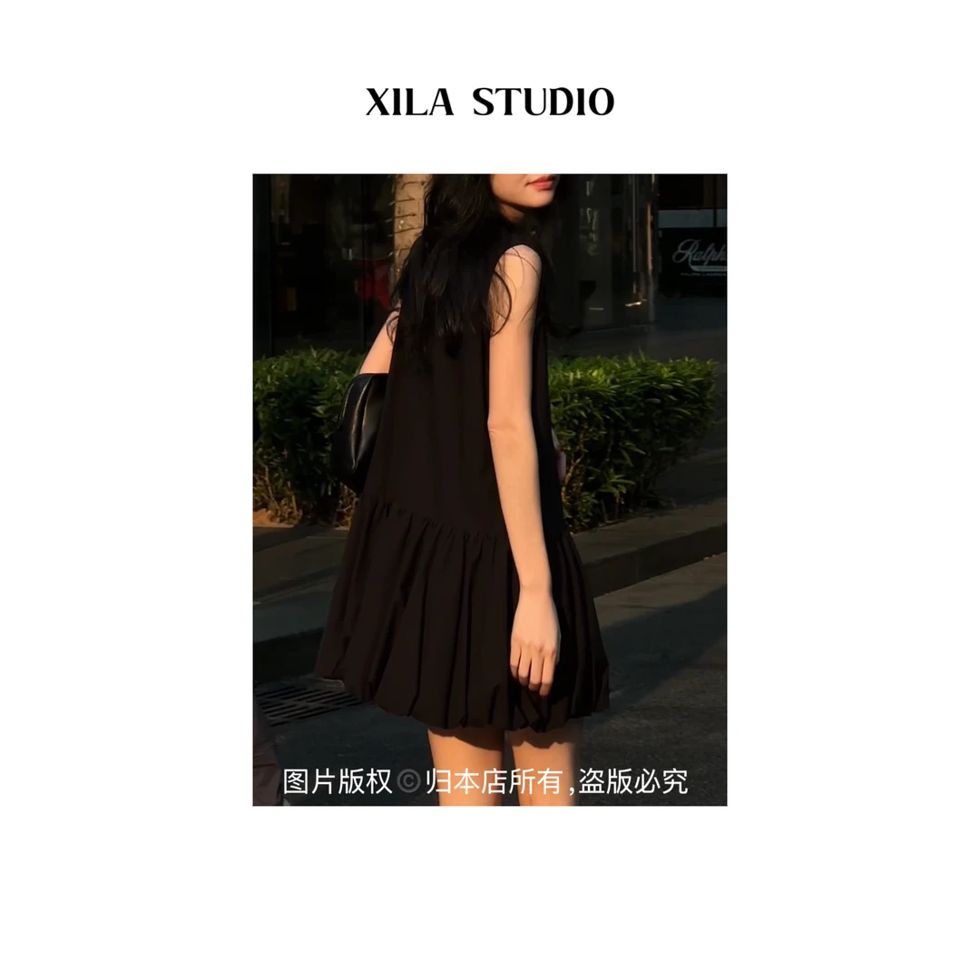 【XILA】绿色木质纤维莱赛尔棉灯笼摆连衣裙