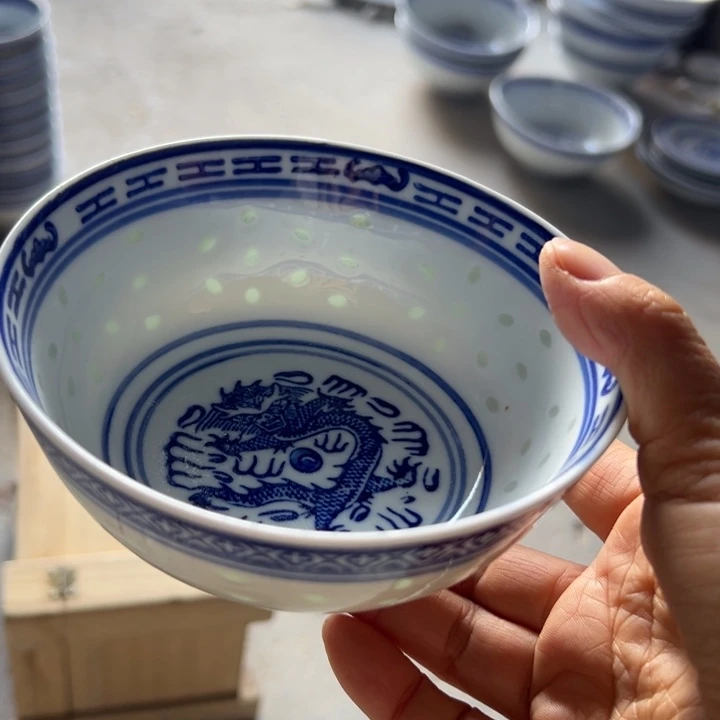 陶瓷青花玲珑5寸饭碗6个